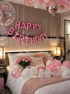 59PCS Pink Happy Birthday Balloon Set – Self-Sealing Foil & Latex Balloons, Large Pink Balloon, DIY Party Decor with Glue & Ribbon