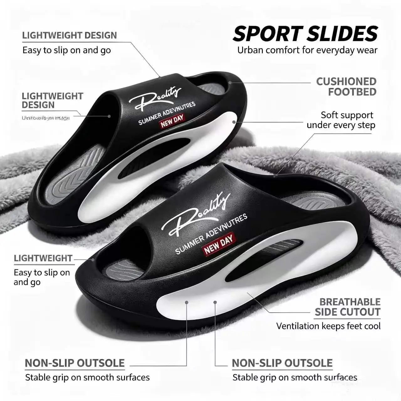 Men’s Summer Sporty Slide Slippers - Non-slip EVA Shoes, Soft Arch Support Footwear, Thick Height Boost, Breathable Cutouts, Casual Large Sizes (36-49) for Everyday Wear, Beach