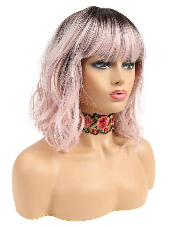 Noble Natural Wave 12 Inches Pink Ombre Color Short Curly BOB Hair Wigs