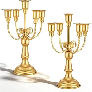 Set of 2 Gold Candelabra Centerpieces - 5 Arm 10" Iron Candle Holders for Taper Candles, Vintage Metal Candlestick Stands for Wedding Reception Table Decor, Christmas Dining Room Fireplace Mantel