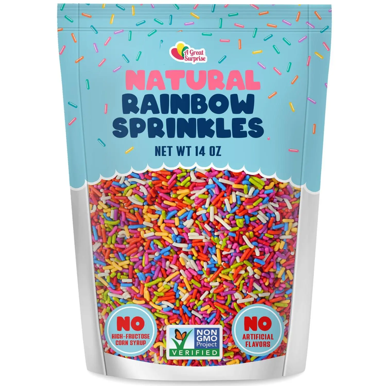 Bulk A Great Surprise Dye Free Rainbow Sprinkles - 14 Ounces - Naturally Colored Rainbow Jimmies - Vegan, Non-GMO Dessert Toppings for Ice Cream, Cookies, Cupcakes, Cake Decorating