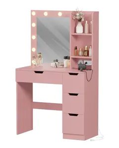 Garvee Vanity Desk with Mirror and Lights, 35.4" Makeup Vanity with 4 Drawers, 3 Open Shelves, Power Outlets & 3 Lighting Colors, Small Makeup Dressing Table for Bedroom, Pink