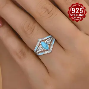 S925 Silver Horse Eye Shape Synthetic Turquoise Ring Enamel Vintage Bohemian Statement Ring Jewelry Jewelry for Women Daily Party Occasion Gift Box, Special Occasion Ring, Fashion Statement Piece, Retro Design, Bohemian Style, Fashion Ring, Women's