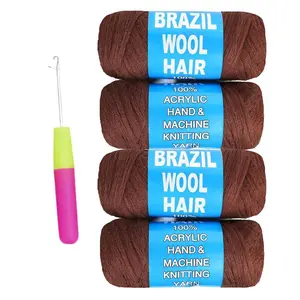 4 Roll Natural Brazilian Wool Hair Yarn Hair for Jumbo Braids Braiding Hair for Soft Locs Faux Locs Goddess Locs Hair Extension Senegalese Twist Crochet Hair for Black Women(Brown,4Roll)