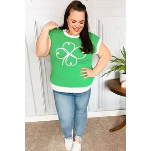 Lucky Kelly Green Embroidered Clover Short Sleeve Dolman Sweater