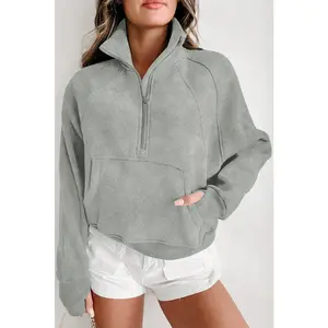 Light Grey Quarter Zip Stand Neck Kangaroo Pocket Sweatshirt
