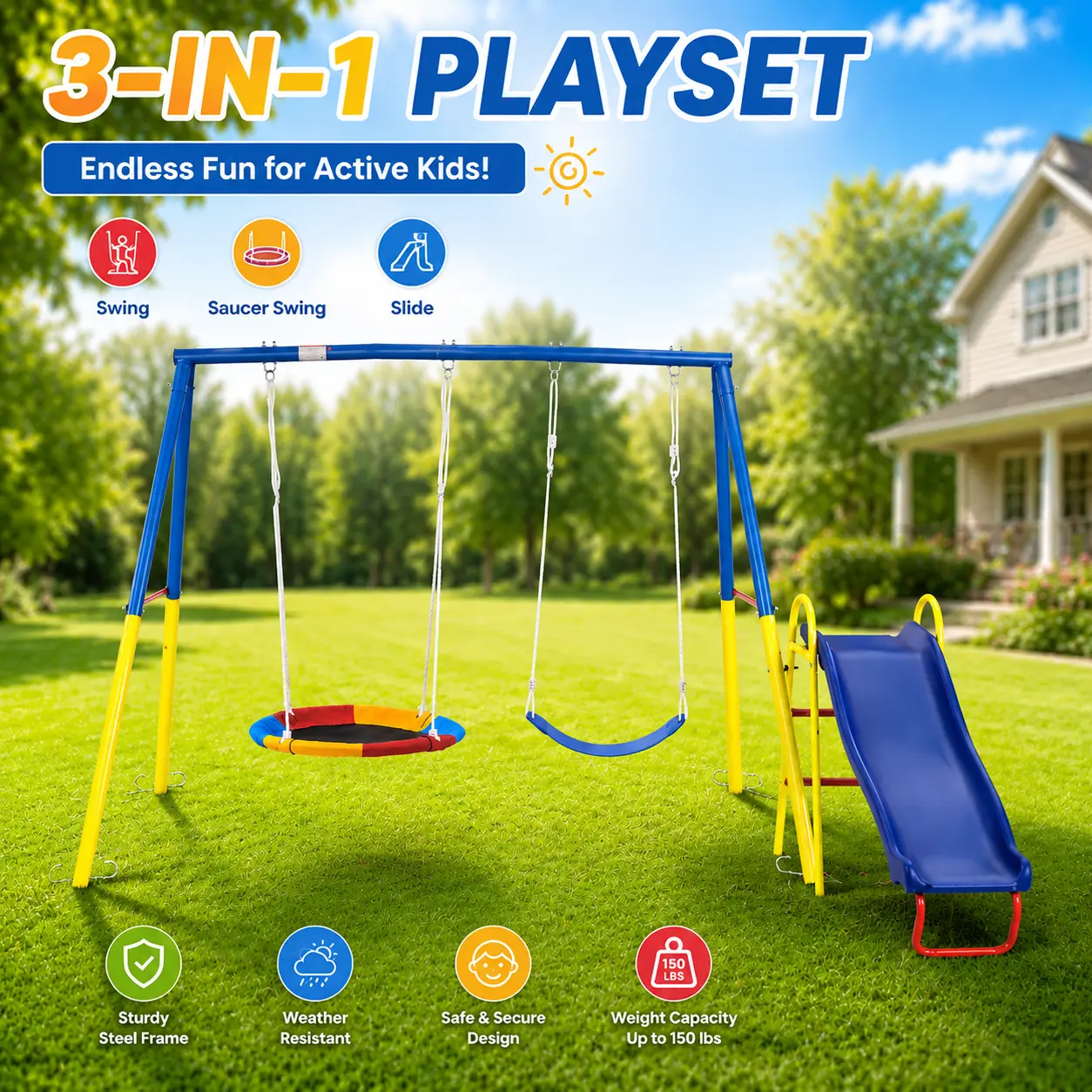 Kids' Heavy-Duty Metal 3-in-1 Backyard Playset with Slide, Kids Outdoor Swing Set with Belt Swing Seat for Backyard Fun & Playground Use, Outdoor Play Set project