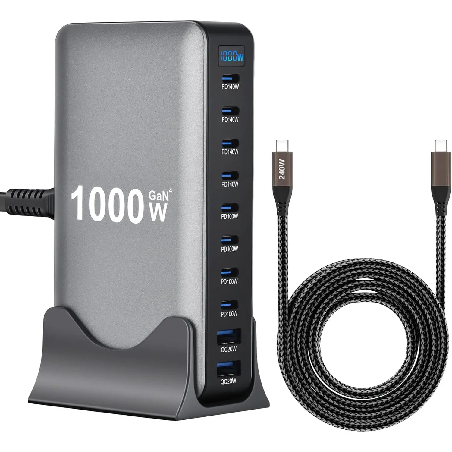 1000W 10-Port GaN 4 Desktop  Station with 240W 6.6 ft Data  - Compatible with Tablets, Phones, Laptops, Gaming Consoles, Headphones