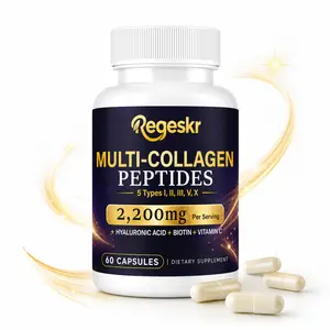 Regeskr Multi Collagen Peptides 2200mg - 5 Types Collagen Capsules with Biotin & Hyaluronic Acid - 60 Count