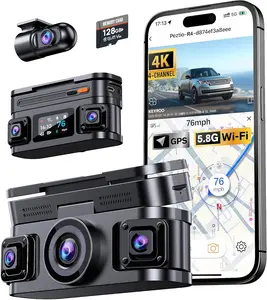 360° View 4K 4 Channel Dash Cam Front and Rear Inside Left Right, Built-in GPS, 5.8GHz WiFi, Car Dash Camera for Cars with App Connect, Support Parking Mode, G-Sensor, Free 128GB Card Safety Recording Monitoring Memory Installation Automatic Adjustable