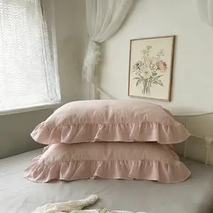 Pack of 2/4 Dusty Pink Ruffle Pillow Cases, Standard Size 20"x30" French Country Vintage Pillow Shams, Soft Brushed Microfiber Frilly Pillow Covers with Envelope Closure, Wrinkle Resistant Farmhouse Decorative Pillowcases for Bedroom