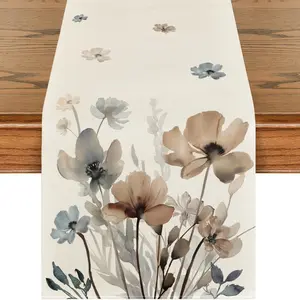 1pc,  Brown Poppy Floral Leaves Spring Table Runner, Seasonal Summer Kitchen Dining Table Decoration for Home Party Decor