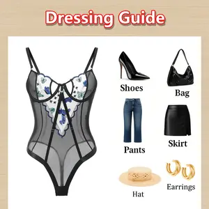 Women’s Lace Bodysuit, Bodysuits Underwear Womenswear, Butterfly Embroidery Soft Breathable Slim Fit Minimalist, Halloween Outfit Thanksgiving Gift. Perfect for Date Night Vacation Everyday Wear Casual Style.