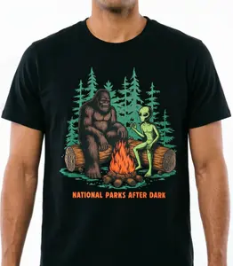 Bigfoot Alien National Parks After Dark Short Sleeve Cotton T-Shirt, 100% Cotton, Funny Camping Casual Summer Tee
