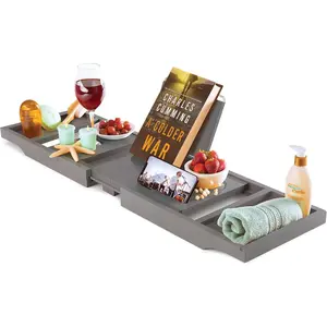 Wooden Bathtub Tray - Foldable and Expandable Bamboo Bath Tray for Tub with Wine Holder, Book and Tablet Stand - Bath Caddy Tray for Bathtub, Spa Bath Accessories, Tub Tray Table (Charcoal Gray)