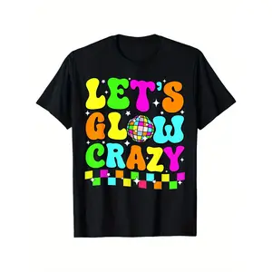 Let's Glow Crazy Retro 80s Party T-Shirt - Unisex Short Sleeve, 100% Cotton, Black with Neon Colorful Print, S-XXXL, Perfect for Casual Wear & Parties graphic tee men's t shirts good graphic tees