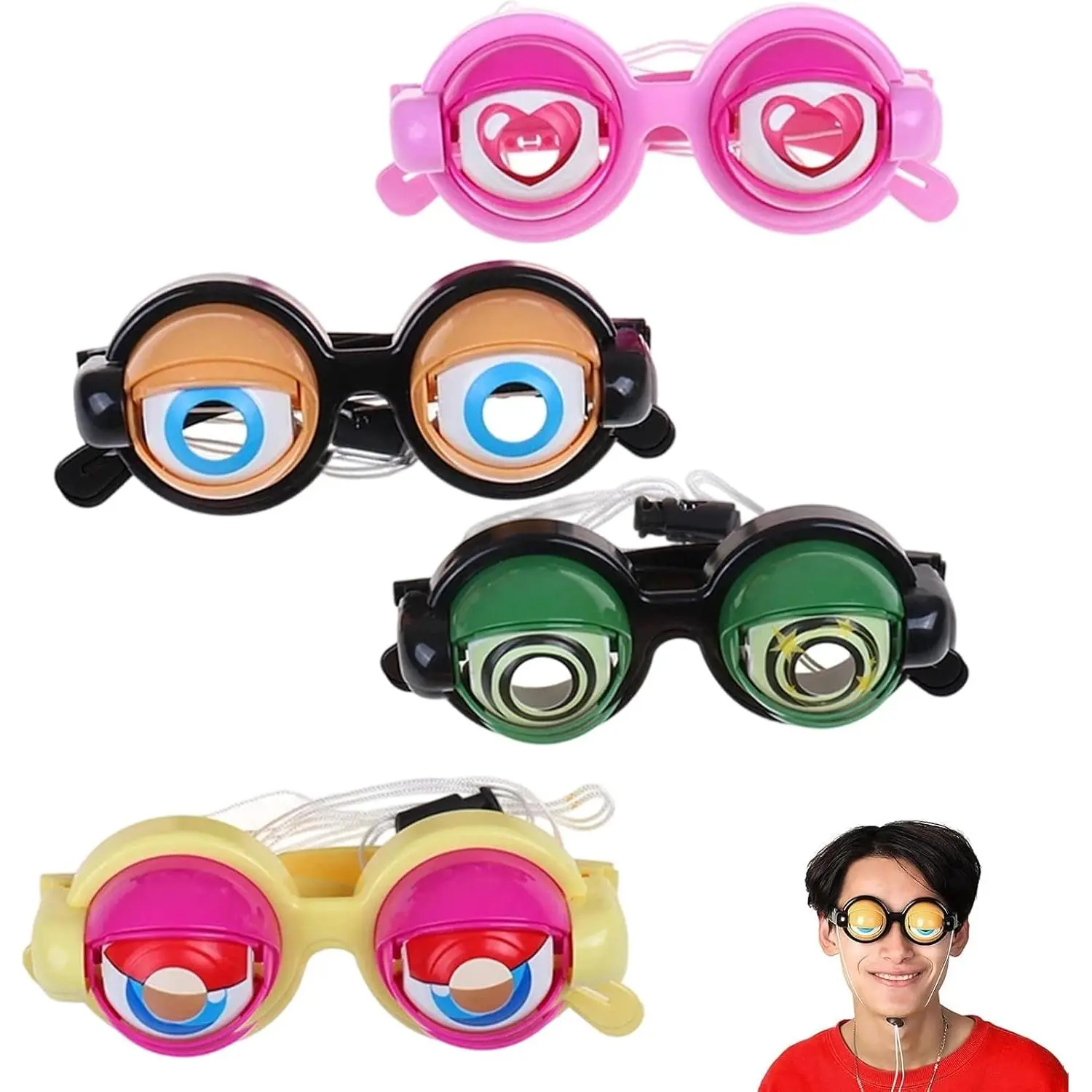 Kinetic Blinking Crazy Eyes Glasses - 4-Piece Novelty Gag Toy Props with Adjustable Strap, Photo Party Accessories, Fit Most Face Sizes, Ideal for Costume Parties Prank Gifts, 4 Pieces