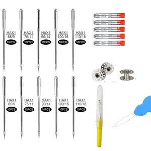 Universal Sewing Machine Needles, 100pcs Compatible with Singer Brother Janome Varmax, Sizes Hax1 65/9-110/18, Includes 3 Bobbins Threader Thresher