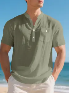 Men's Summer Linen T-Shirt, Loose Fit Casual Workwear, Short Sleeve Henley Shirt, Comfortable Daily Wear, American Style