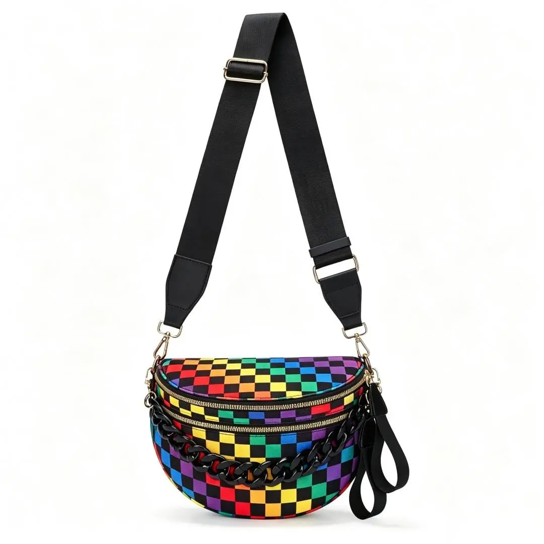 Chain +Colorful  Checkered Bum Bags for Women Crossbody Spacious Waist Bag Fanny Packs Crossbody Bag (Colorful+Chain)  Spacious Checkered Nylon Crossbody Bag Bum Bag Checkered Handbags Wallets with Personalized Chain for Women Purse Print