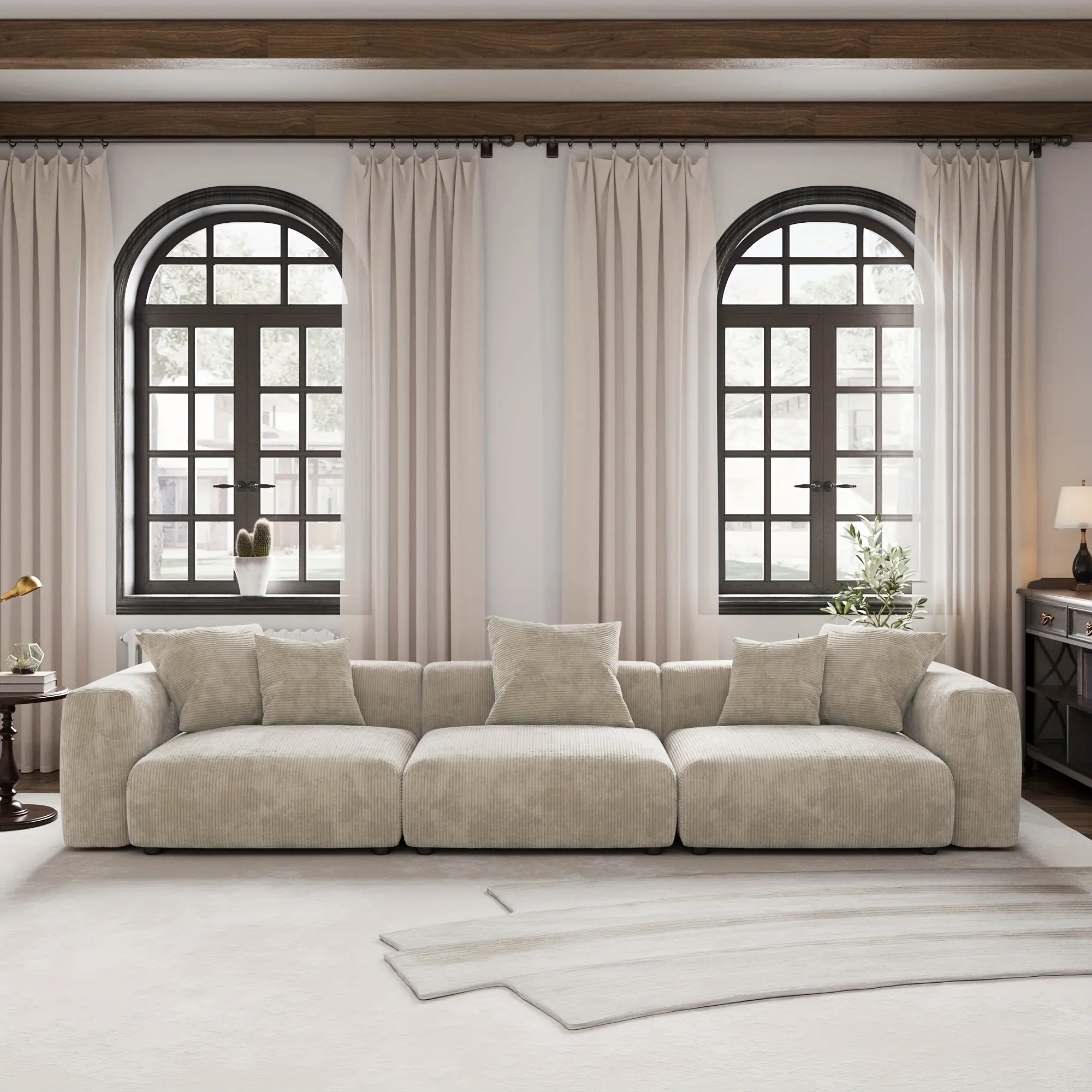 Large Modular Sectional Sofa Measuring 141.73 Inches, Featuring a Three-Seater Design, Upholstered in Corduroy Fabric, Complete with Five Pillows And Removable, Washable Cushion Covers