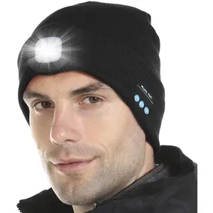 Bluetooth Beanie Hat with Light, Unisex LED Cap with Headphones Built-in Stereo Speakers & Mic, Tech Gift for Men n Dad, Black