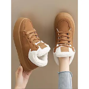 Women’s high-top snow boots with laces, warm fleece lining, casual sports shoes, Korean style, comfortable fashion design, for fall and winter