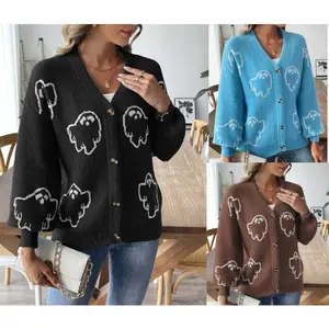 Women Halloween Button Sweaters Casual Lightweight Ghost Print Long Sleeves Knit Cardigans Warm Knitwear for Streetwear