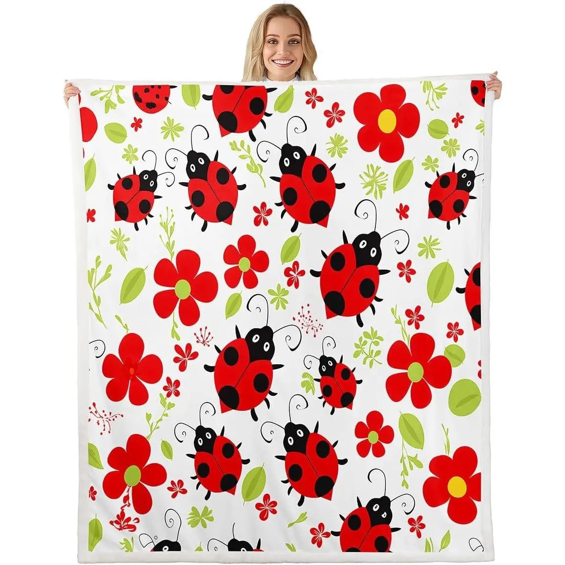 Feelyou Ladybug Fleece Sherpa Throw Blanket - Botanical Printed, Bug-Themed Flying Cartoon Animal Plush Blanket for Sofa Bed Couch (Ideal for Movies, Television, Reading a Book, Camping; Suitable for Babies), Bug-Themed Blankets