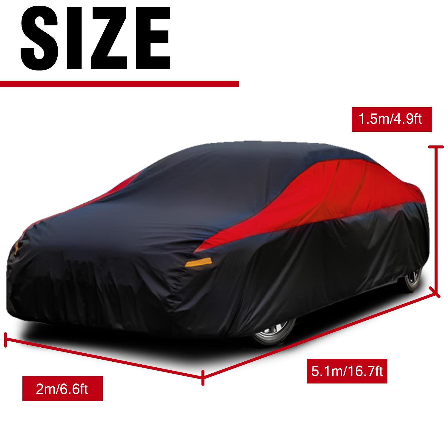 Universal Car Cover for Sedan - UV Protection, Waterproof, Breathable, Scratch-Resistant, Black and Red, Suitable for Outdoor Parking Strap, All Weather Industrial