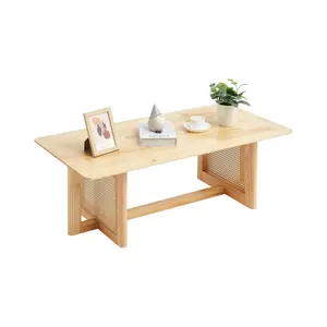 【Summervibes】VEVOR Rattan Coffee Table, Rectangle Rattan Woven Wood Coffee Table with Rubber Wood Top, 47-Inch Modern Boho Storage Coffee Table with Natural Wood Legs, for Living Room, Bedroom & Small Spaces