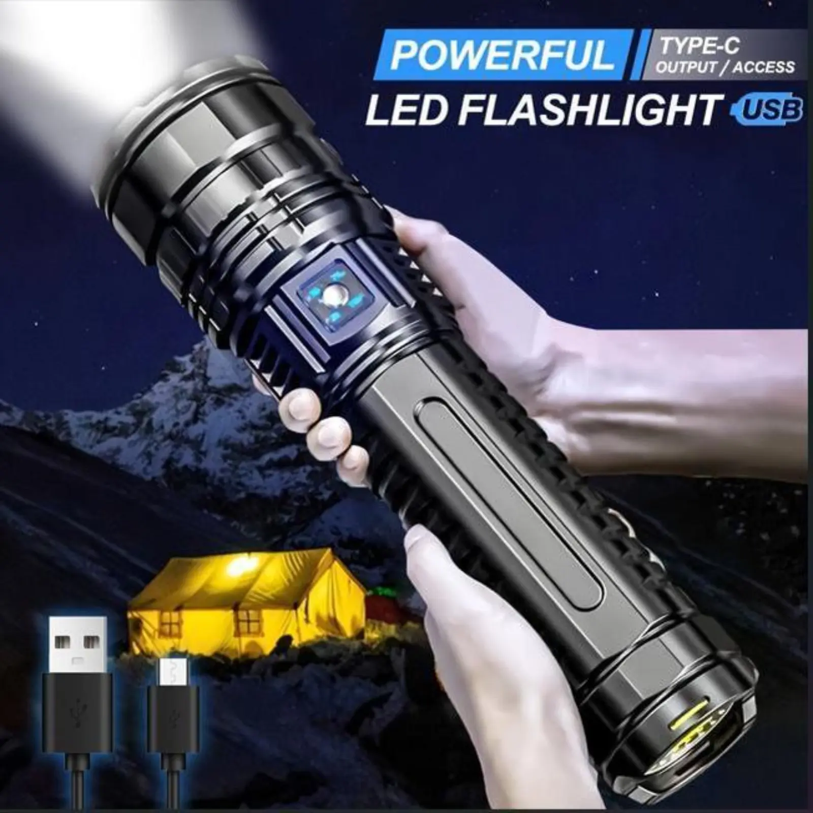 High Lumen Flashlights - 15000mAh Rechargeable Tactical LED Flashlight with Digital Display, Mobile Power Function, Super Bright Long-Distance Light for Camping, Survival, Outdoor Use (Portable USB Mobile Light Accessory), Outdoor Led Flashlight