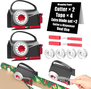Wrapping Paper Cutter(2-Pack) & Tape Dispenser Dual Use with 4 Tapes for Christmas Gift Wrap Cutter Tool Paper Roll Holder Tube Sliding Slicing for Birthday Holiday