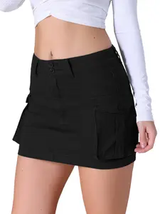 INSPIRE CHIC Women's Denim Skirt Cargo Flap Pockets Button Fly Stretch Y2K Mini Jean Skirts Black