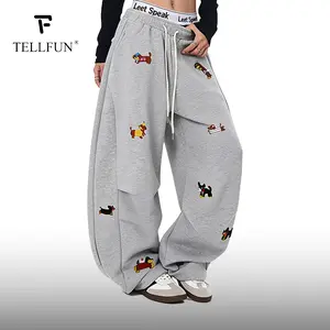 Men's Dog Embroidery Jogger Pants Loose Fit Barrel Leg Sweatpants with Stretch Fabric and Drawstring Waist Y2K Streetwear Style Casual
