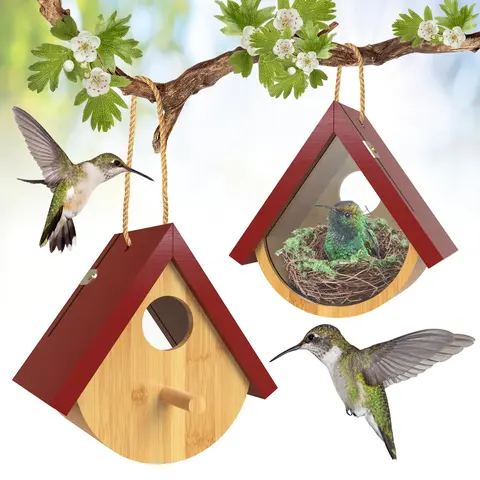 2-Pack Hummingbird House - Wooden Frame Nesting House with Transparent Panel to See Birds Inside, Hemp Ropes, Waterproof, Red Top That Draws Hummingbirds Outdoors, Balcony-Ready, Slide-Off Panels for Simple Cleaning, Secure Hooks for Chickadees