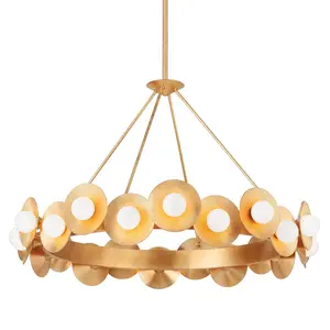 Large Emerald Chandelier With Opal Shades and Vintage Gold Leaf Plates