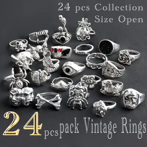 24pcs/Set of Vintage Punk Alloy Stacking Rings, Y2K Rings, adjustable rings, Featuring Skull, Animal, and Gothic Elements with Intricate Designs, Perfect for Bold and Edgy Casual Attire, Perfect Gift For him/her, for Daily Wear & Gifting