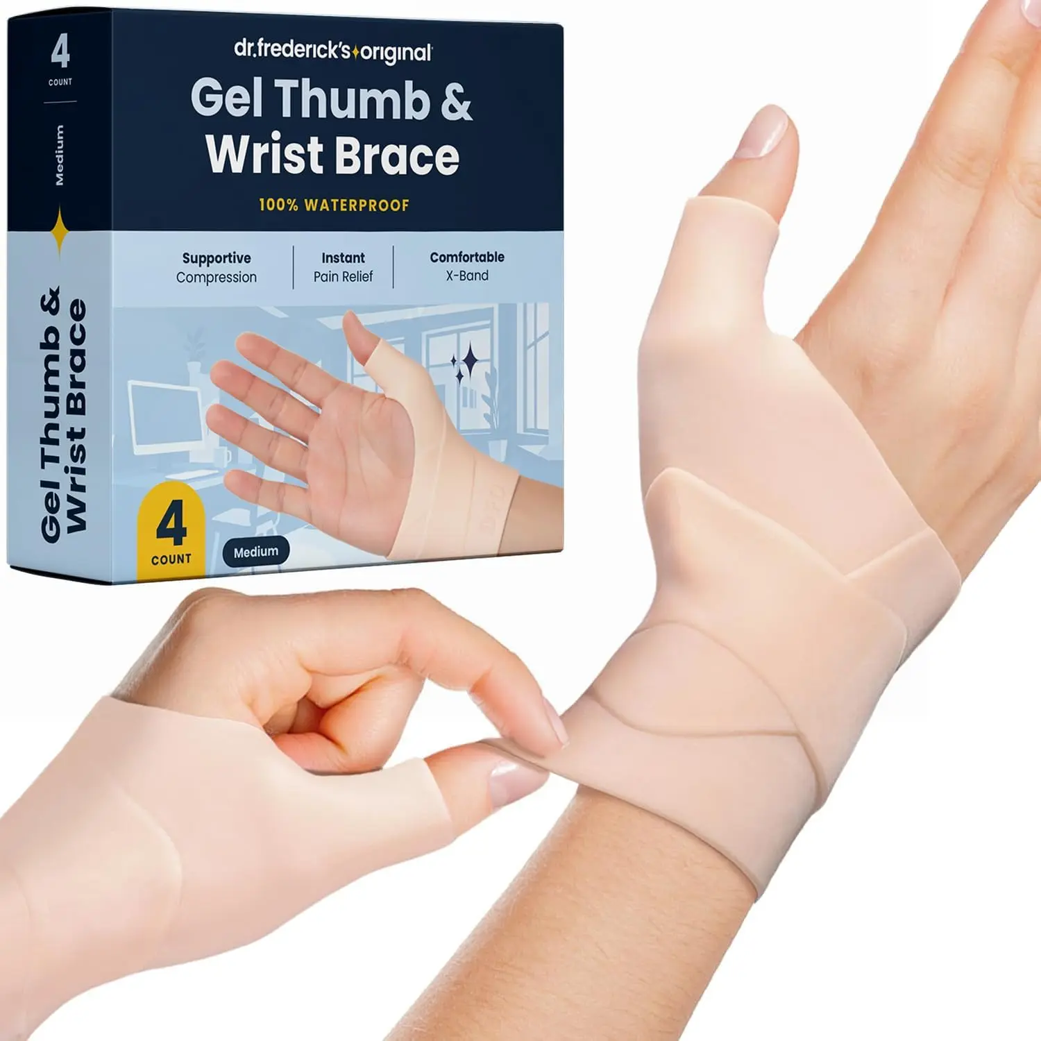 Dr. Frederick's Original Waterproof Thumb & Wrist Brace - 4 ct - Hand Brace for Arthritis, Tendonitis, Carpal Tunnel & Trigger Thumb - Doctor-Developed Spica Splint - Fits Left & Right Hand - Medium