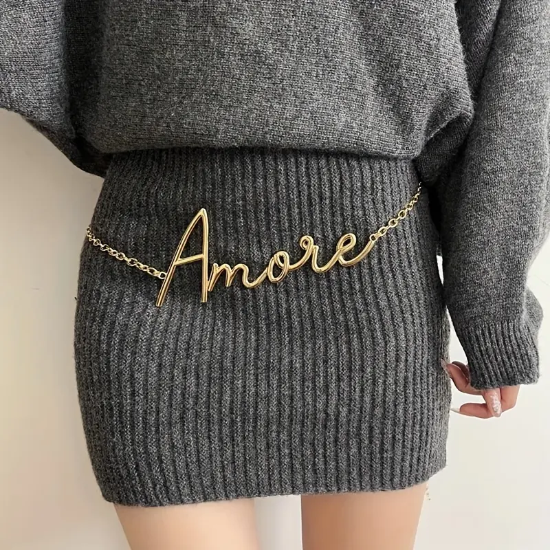Women's Adjustable Golden "Amore" Letter Belt with Chain Strap - Elegant Script Metal Waist Belt, Golden-Toned Casual to Formal Outfits, Wedding, Party, Casual Attire - Italian-Inspired Design, Plus Size Friendly, Dainty Layered Belt for Wo
