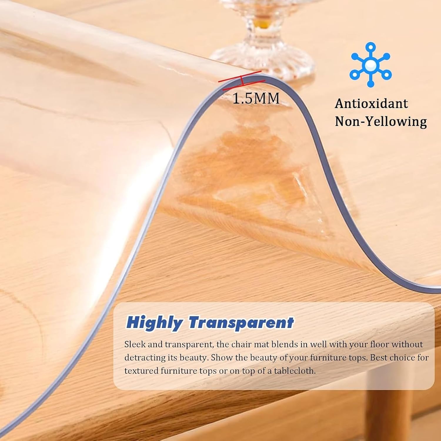 Transparent crystal white PVC tablecloth, 1.5 mm thick, highly flexible, waterproof, oil-proof, heat-resistant, stain-resistant, tear-resistant, durable, non-fading, suitable for dressing tables, countertops, bedside tables, and dining tables