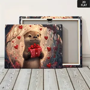 2D Flat, 1 Piece Valentine's Day Otter Wall Art Poster - Cute Otter with Heart and Gift Box, Wrapped Canvas Frame, Modern Pink and Gold Warm Decoration, Suitable for Bedroom, - Customizable Size/Design (Valentine's Day Gift, Otter Enthusiast), 2D Flat, Ch