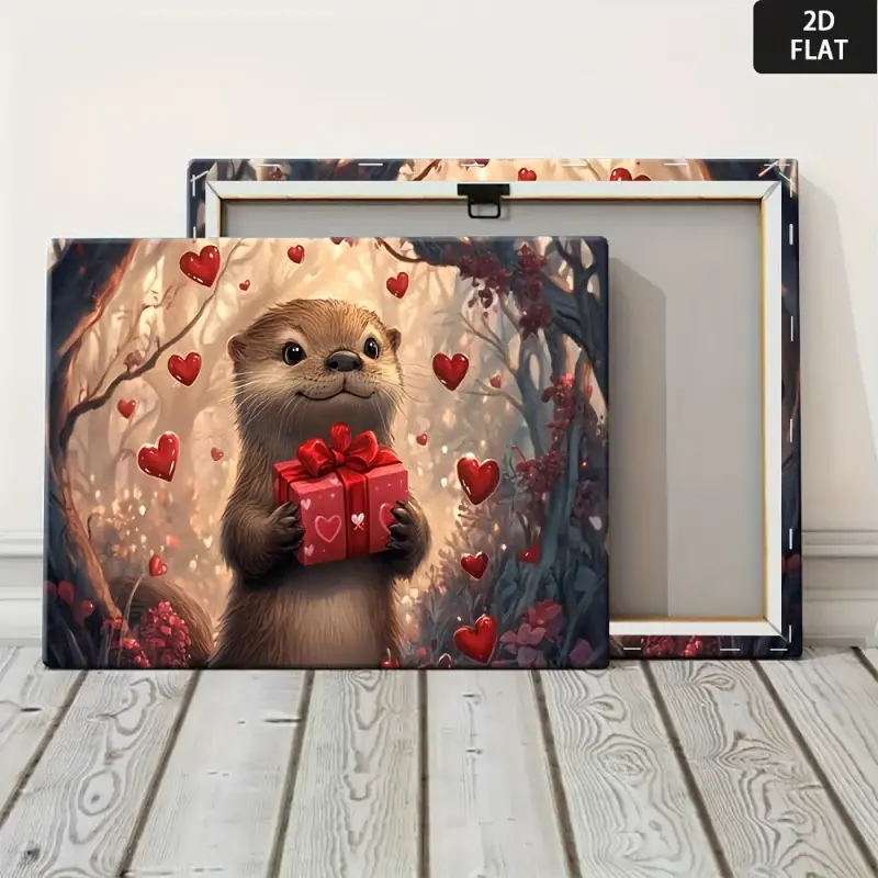 2D Flat, 1 Piece Valentine's Day Otter Wall Art Poster - Cute Otter with Heart and Gift Box, Wrapped Canvas Frame, Modern Pink and Gold Warm Decoration, Suitable for Bedroom, - Customizable Size/Design (Valentine's Day Gift, Otter Enthusiast), 2D Flat, Ch