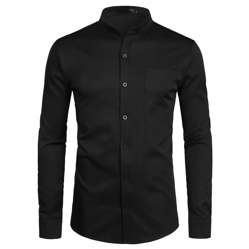 ZEROYAA Men's Banded Collar Slim-Fit Long-Sleeve Button-Down Dress Shirt - Chic Breathable Polyester Fabric, Pocket, Casual Dating Party Wear, Black/Beige Top