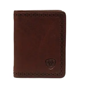 Ariat Men's Dark Copper Genuine Leather Bi-Fold Wallet - Flip Closure Case, Multiple Card Slots, Perforated Edges, Mens Gifts - Style A35128283, Men's Wallets