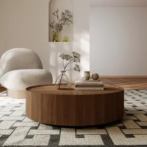 Mid-Century Modern Round Solid Wood Coffee Table with Hidden Storage, Walnut Finish for Livingroom