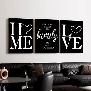 Set Of 3 Black White Love and Home Art Canvas Poster Print, Modern Family Quotes Wall Decorative Picture Simple Living Room Bedroom Decor