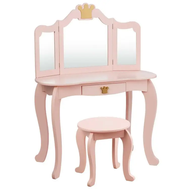 Costzon 2 in 1 Vanity Set for little Princess, Pretend Beauty Dressing Play Toy Gift w/Tri-Folding Detachable Mirror Storage Drawer