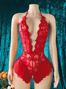 Women's Sexy Sheer See-through Bodysuit, Lace Splicing Craft, Perfect for Private Parties and Valentine's Day Gifts body moldeador mujeres babydoll