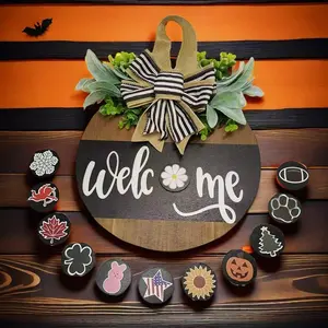 Year-Round Welcome Sign with 10 Replaceable Icons, Rustic Wooden Door Hanger with Floral Bow, Multi-Use Seasonal Entrance Decor